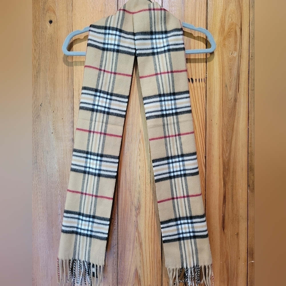 Cashming Plaid Beige Scarf with Red and Black Accents - Picture 6 of 8